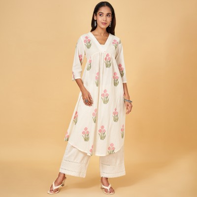 Rangmanch by Pantaloons Women Printed Flared Kurta(White)