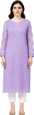 RINEZZA Women Chikan Embroidery Straight Kurta(Purple)