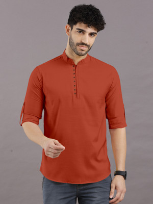 VTEXX Men Solid Straight Kurta(Orange)