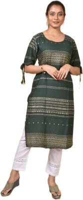 FITS FAB Women Printed Straight Kurta(Green, Gold)