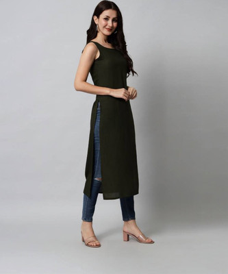 STYLE GRID Women Solid A-line Kurta(Green)