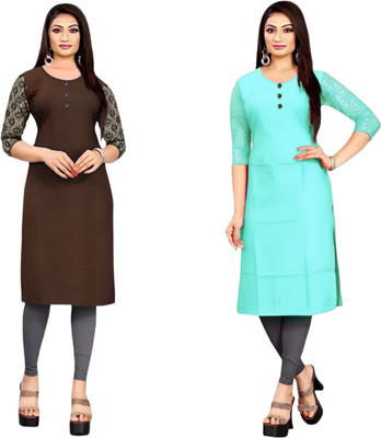 HOFC Women Solid Straight Kurta(Brown, Blue)