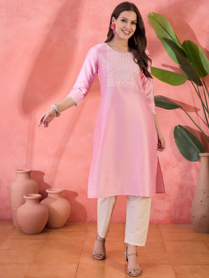 Sangria Women Self Design Straight Kurta(Pink)