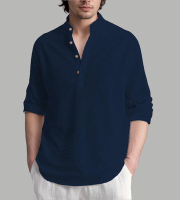 HOC's Men Self Design Straight Kurta(Dark Blue)