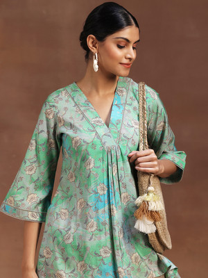 LIBAS Women Printed A-line Kurta(Green)