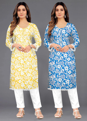 NOXEN Women Printed Straight Kurta(Yellow, Blue)