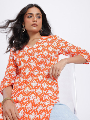 Anouk Rustic Women Printed Straight Kurta(Orange, White)