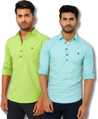 CROWNTAIL Men Solid Straight Kurta(Light Green, Light Blue)