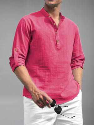 BHUVIKOO Men Solid Straight Kurta(Pink)