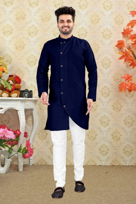 HOC's Men Solid Asymmetric Kurta(Blue)