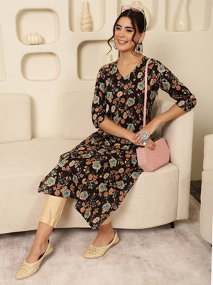 Gulmohar Jaipur Women Printed Straight Kurta(Black)