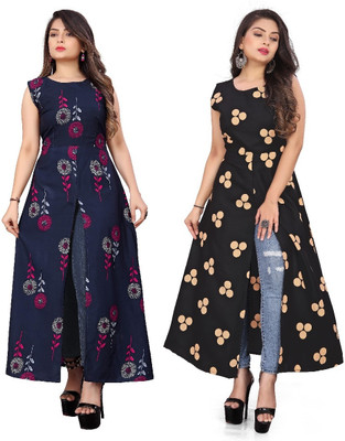 tanvi creation Women Printed Frontslit Kurta(Black)