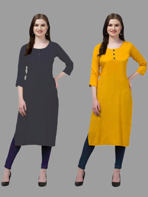 HOFC Women Solid Straight Kurta(Grey, Yellow)