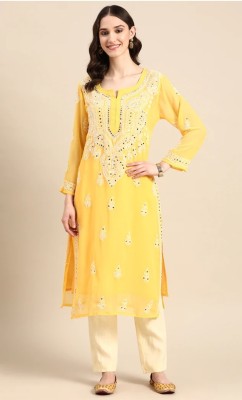 Neelam Chikan Women Chikan Embroidery Straight Kurta(Yellow, White)