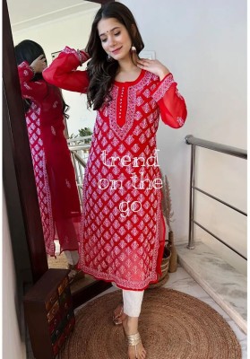 Lucknowi Chikankari Women Chikan Embroidery Straight Kurta(Red)