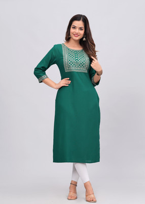 NEW4U Women Embroidered Straight Kurta(Green)