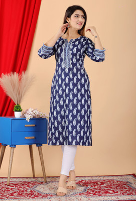cuteshe Women Block Print Straight Kurta(Dark Blue, White)