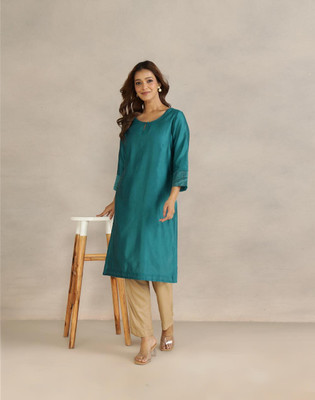 Fabindia Women Embroidered A-line Kurta(Blue)