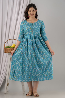 FASHION CLOUD Women Printed Flared Kurta(Light Blue)