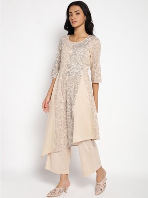 W Women Printed A-line Kurta(Beige, Grey)