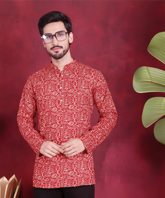 Jompers Men Printed Straight Kurta(Red)