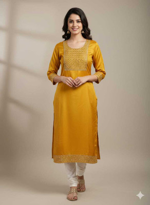 SHAS Women Embroidered Straight Kurta(Yellow)