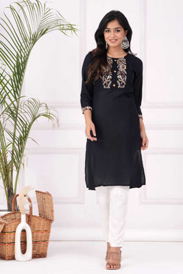 Kunj Creation Women Embroidered Straight Kurta(Black)