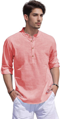 omkar Men Solid Straight Kurta(Pink)