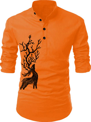 hfm Men Animal Print Straight Kurta(Orange)