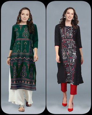 glamson Women Printed A-line Kurta(Blue)