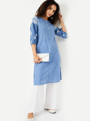 MAX Women Printed A-line Kurta(Blue)