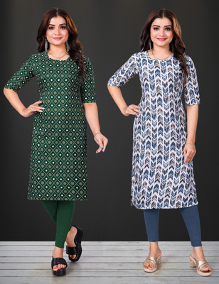 KASASKA Women Printed Straight Kurta(Blue)