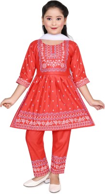 New Sakib Dresses Girls Block Print Anarkali Kurta(Red)