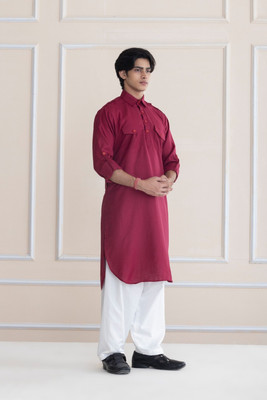 SHROBH Men Solid Pathani Kurta(Maroon)