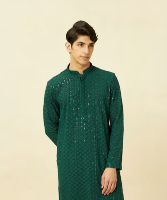 CRYTSAL REVENUE Men Embellished Straight Kurta(Dark Green)