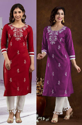 SISTO Women Chikan Embroidery Straight Kurta(Multicolor)