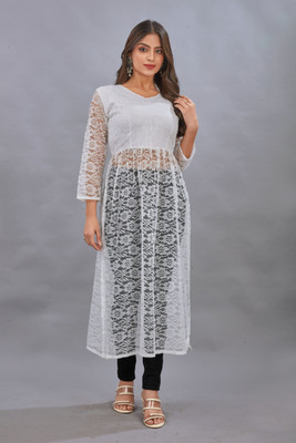 Manthan Creation Women Chikan Embroidery A-line Kurta(White)