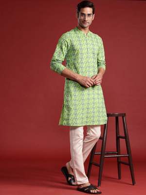 ANOUK Men Geometric Print Straight Kurta(Green)