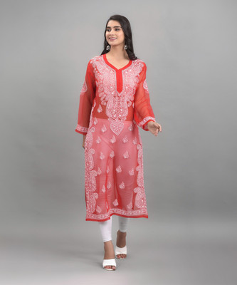 Apratim Women Chikan Embroidery Straight Kurta(Red)