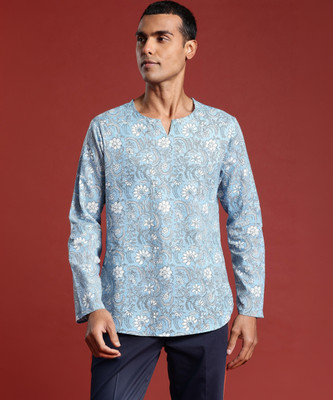 ANOUK Men Block Print Straight Kurta(Blue)