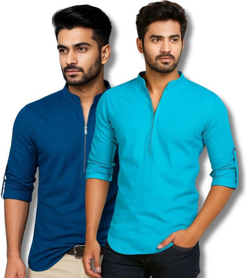 COTTONCHHAP Men Solid Straight Kurta(Dark Blue, Blue)
