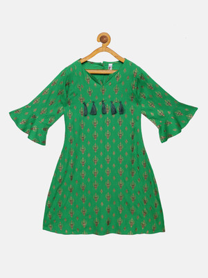 KiddoPanti Girls Printed A-line Kurta(Green)