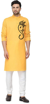 Enmozz Men Printed Straight Kurta(Yellow, Black)