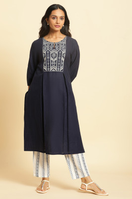 W Women Solid, Embroidered A-line Kurta(Blue)