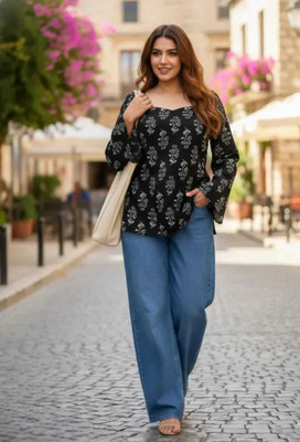 TIYASQA Women Block Print, Printed A-line Kurta(Black)