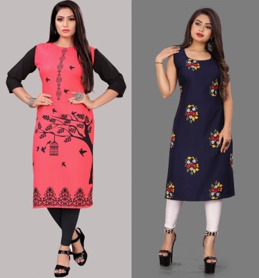 Modli 20 Fashion Women Printed Straight Kurta(Dark Blue, Pink)