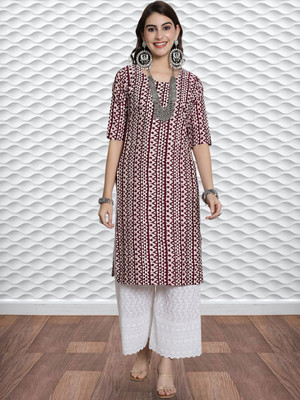 EthnicBasket Women Printed A-line Kurta(Purple, Beige)