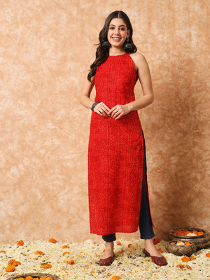 MEERANSHI LIVING Women Bandhani Straight Kurta(Red)
