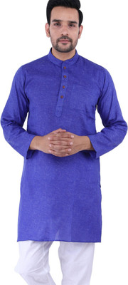 HouseOfCommon Men Solid Asymmetric Kurta(Blue)