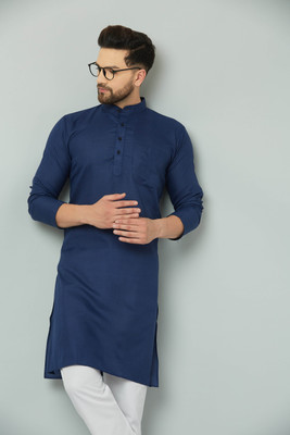 LEMONX Men Solid Straight Kurta(Blue)